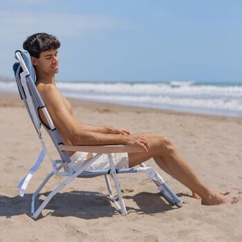 Chaise pliante inclinable, tête et accoudoirs rembourrés à trous, rayures bleues 4