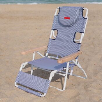 Chaise pliante inclinable, tête et accoudoirs rembourrés à trous, rayures bleues 10