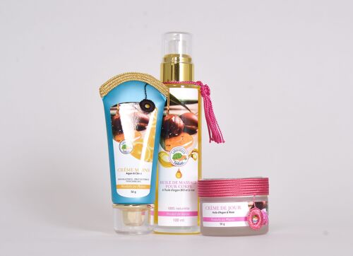 lot spéciale fête des mères crème pour les mains +crème hydratante argan et rose+ huile de massage à la rose