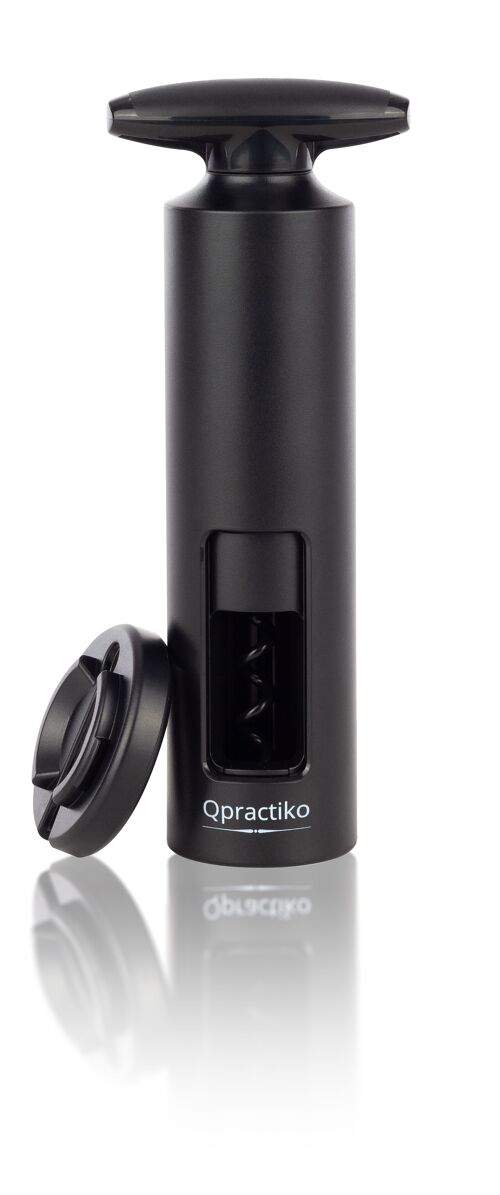 Qpractiko - Sacacorchos Manual Rolling | Abridor de Vino 2 en 1 con Cortacápsulas | Espiral de Teflón | Fácil de Usar, Portátil, Seguro, Duradero | Negro