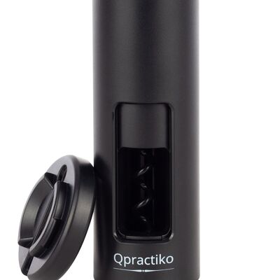 Qpractiko - Cavatappi a rotazione manuale | Apribottiglie 2 in 1 con tagliacapsule | Spirale in teflon | Facile da usare, portatile, sicuro, durevole | Nero