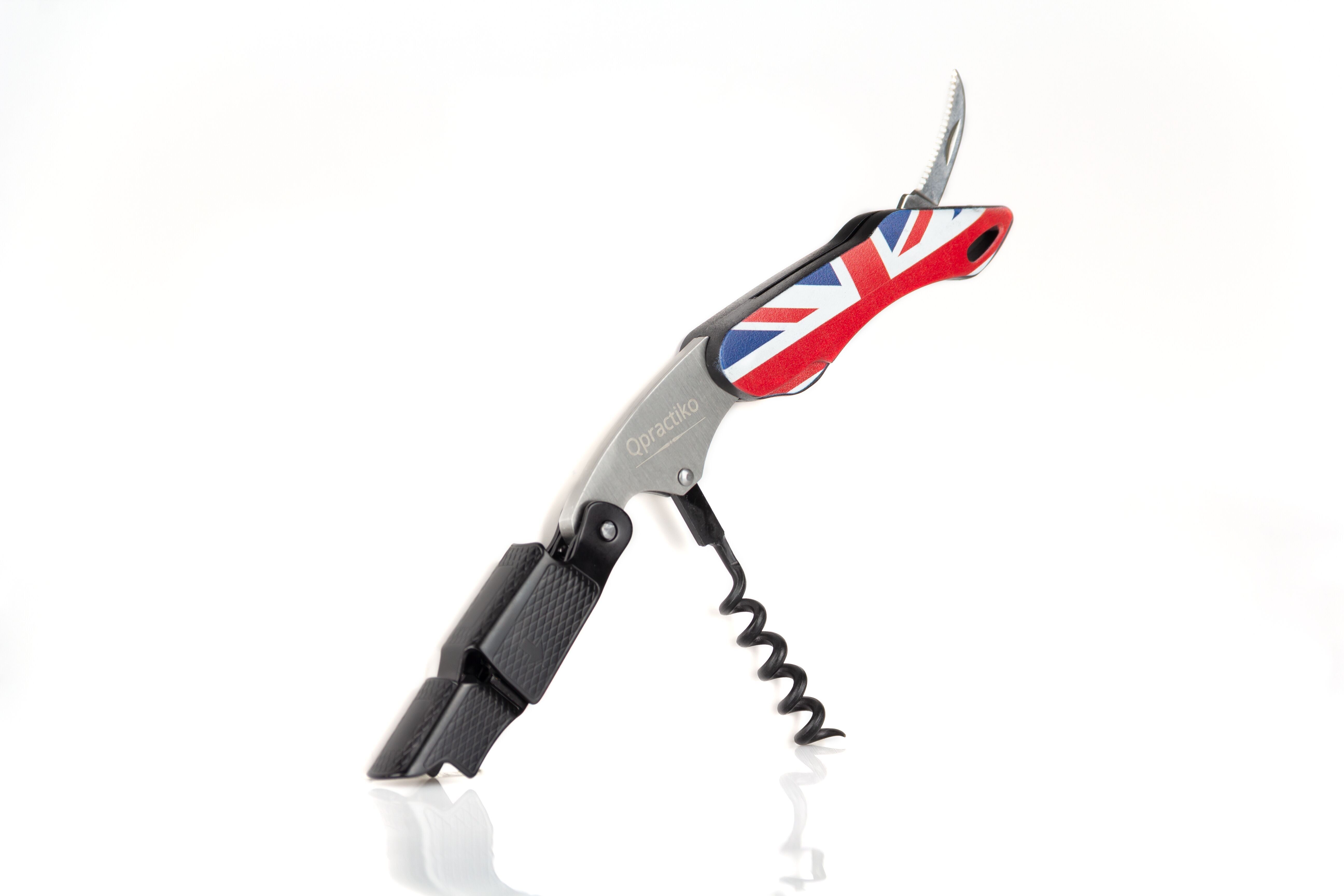 Qpractiko - 2-Stroke Blade Corkscrew | United Kingdom Flag Design | Integrated Capsule Cutter | Teflon spiral | Stainless steel,