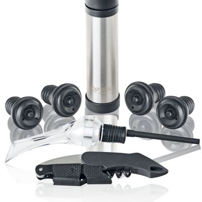 Qpractiko - Kit Vino Regalo: Incluye Bomba Vacío Acero Inox, 4 Tapones Silicona, Aireador, Sacacorchos 2 Tiempos con espiral de Teflón