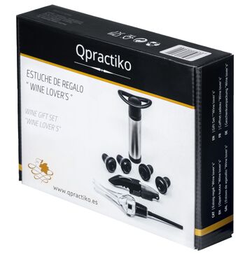 Qpractiko - Kit cadeau vin : comprend une pompe à vide en acier inoxydable, 4 bouchons en silicone, un aérateur, un tire-bouchon 2 temps avec spirale en téflon 3