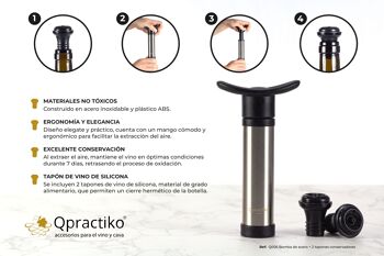 Qpractiko - Pompe à vide à vin en acier inoxydable | Conservateur de saveur et d'arôme | Utilisation simple | Comprend 2 bouchons en silicone, argent, acier inoxydable 3