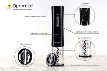 Qpractiko - Tire-bouchon électrique à piles, coupe-capsule | Plastique ABS et acier inoxydable | Extraire facilement le liège | Capacité jusqu'à 40 bouteilles, Noir, Plastique 3