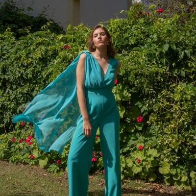 Aswan jade jumpsuit with chiffon cape for the perfect guest