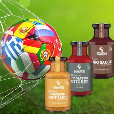 Especial del Campeonato Europeo de Fútbol: nuestro set exclusivo para el Campeonato Europeo de Fútbol que consta de salsa BBQ clásica, salsa de tomate premium y salsa de mostaza y naranja.