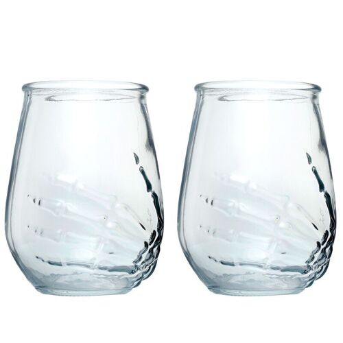 Skulls and Roses Skeleton Hand Set of 2 Glass Tumblers