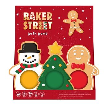 Bombe de bain Baker Street en pain d'épices de Noël dans une boîte cadeau en forme