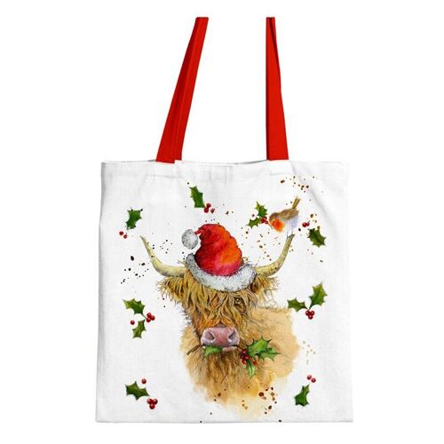 Jan Pashley Christmas Highland Coo Reusable Zip Up Cotton Bag