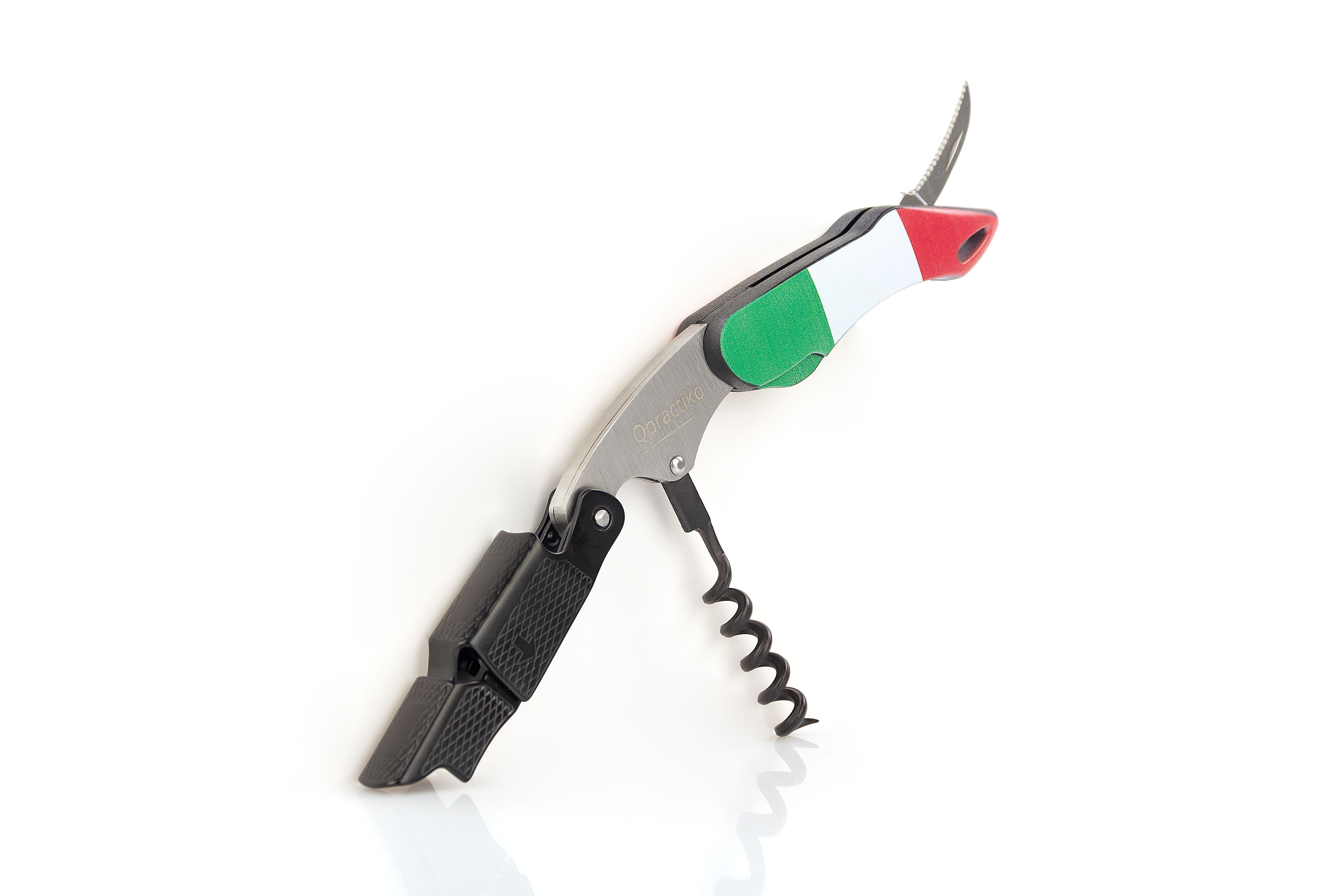 Qpractiko - Professional Two-Time Corkscrew | Italy Flag | Easy Opening of Any Type of Cork | Home and Professional Use | Wine Cork Opener, Material: Stainless Steel