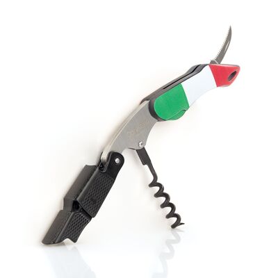 Qpractiko - Cavatappi professionale a due tempi | Bandiera Italia | Apertura facile di qualsiasi tipo di tappo | Uso domestico e professionale | Apribottiglie per vino, materiale: acciaio inossidabile