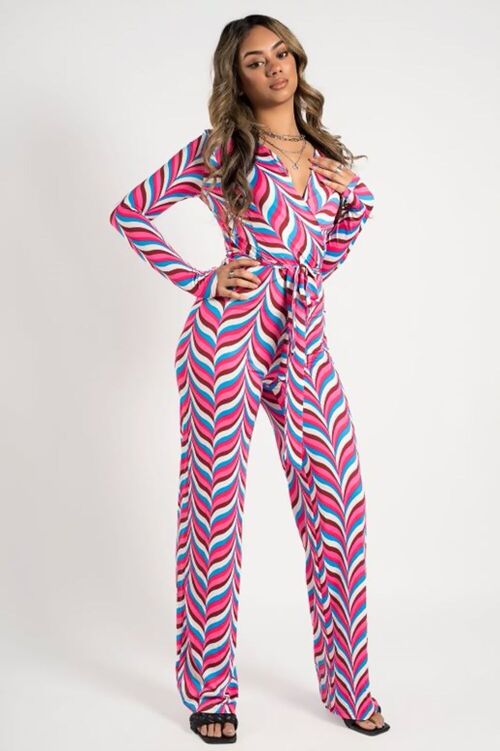 PINK ABSTRACT PRINTED BELT JUMPSUIT- HS6883