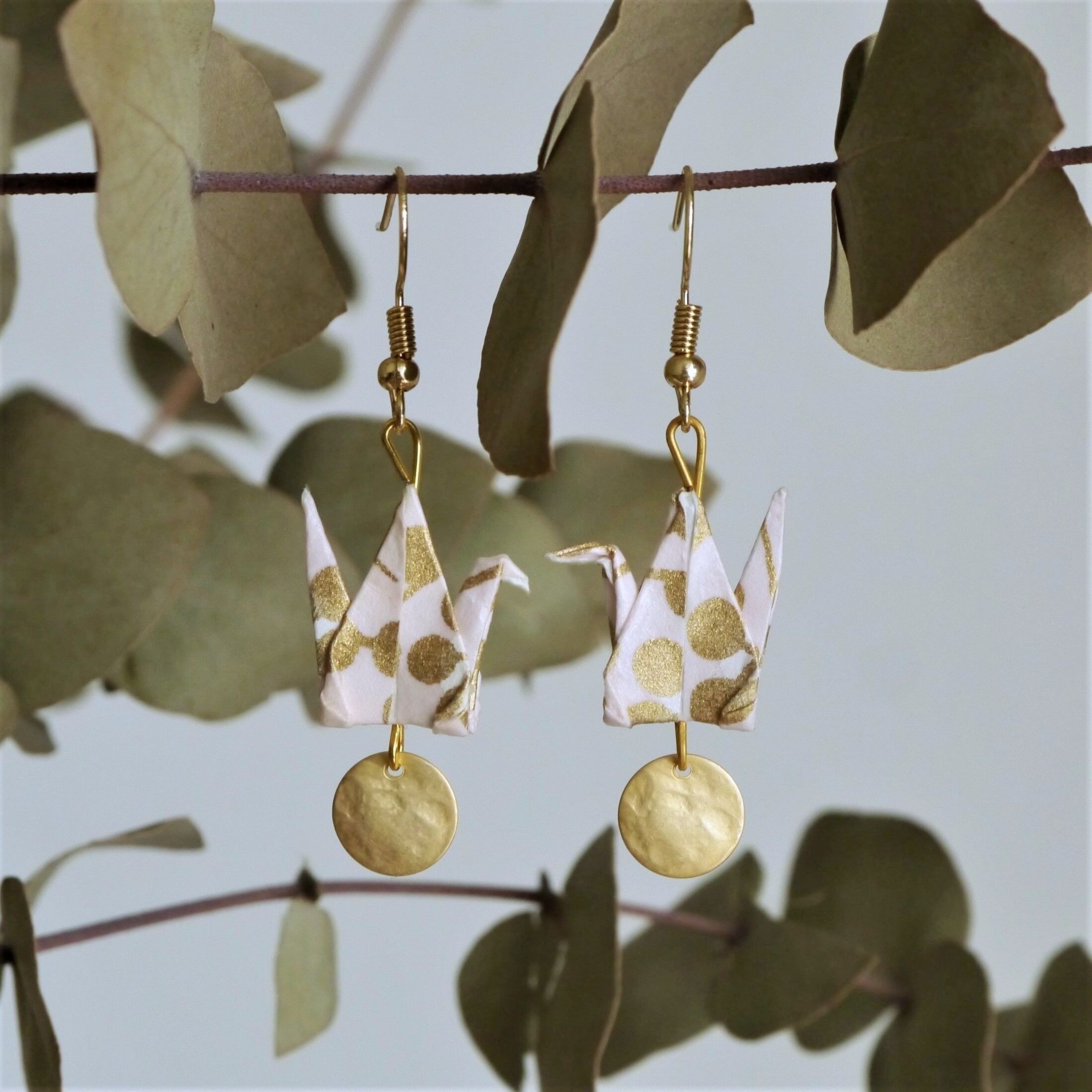 Origami earrings - Powder pink cranes and sequins