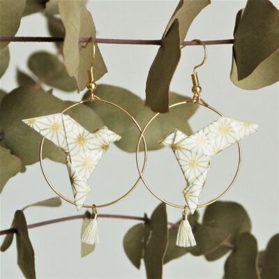 Orecchini a cerchio origami - Colombe bianche stellate e pompon