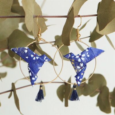 Pendientes aros origami - Palomas y pompones azul marino
