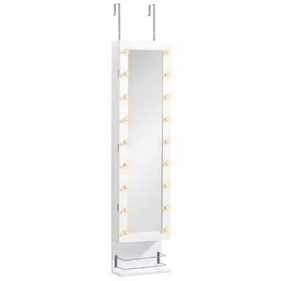 MeubelsWeb hangende sieradenkast met LED-spiegelkast met lade, plank, wandspiegel, deurspiegel, in hoogte verstelbaar, wit, 130 cm hoog