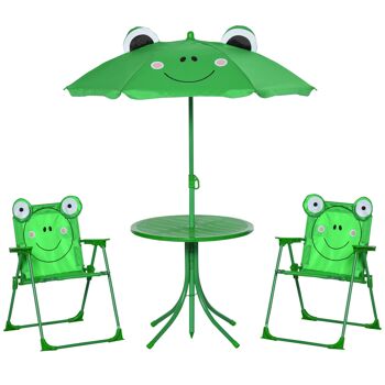 MeubelsWeb kinderzitgroep, camping, tuintafel, 2 klapstoelen, 4-delige parasol. Ensemble de jardin d'enfants Tuinmeubelen pour 3-5 ans Groen