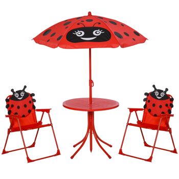 MeubelsWeb kinderzitgroep, camping, tuintafel, 2 klapstoelen, 4-delige parasol. Ensemble de jardin d'enfants pour enfants de 3 à 5 ans, rouge