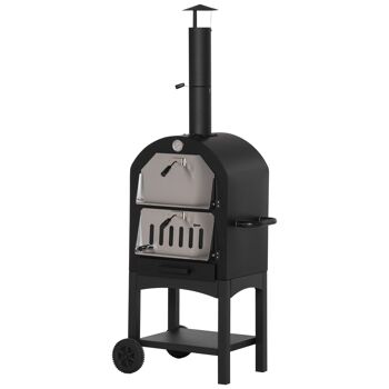 MeubelsWeb Four à pizza d'extérieur 2 en 1 avec four à grill roulé avec four à pizza beschermhoes 2 grillnetten grillwagen 3-laags houtgestookte four 63 x 54 x 161 cm