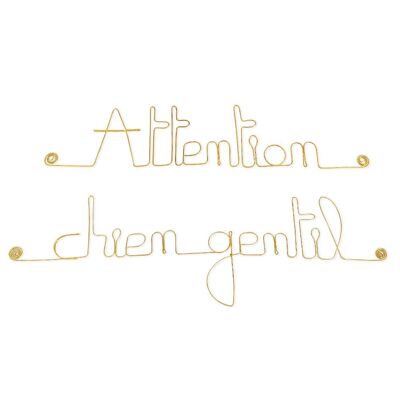 Door plaque "Attention kind dog" - Wall decoration in golden brass wire to pin - Wall jewelry