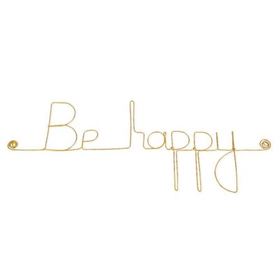 Kleine Wort-Wanddekoration aus goldenem Messingdraht „Be happy“ – zum Anstecken – Wandschmuck