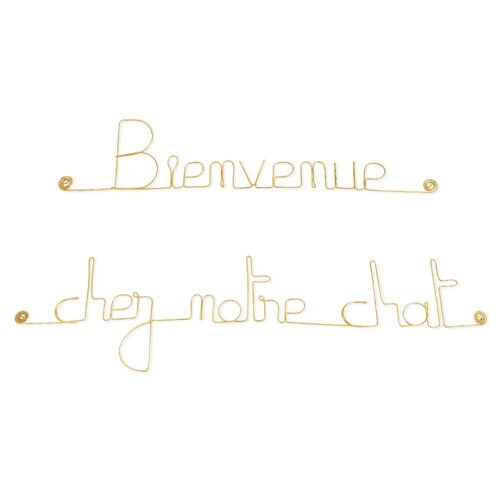 Décoration Murale en fil de laiton doré  : " Bienvenue chez notre chat " - à punaiser dans une entrée - Bijoux de Mur