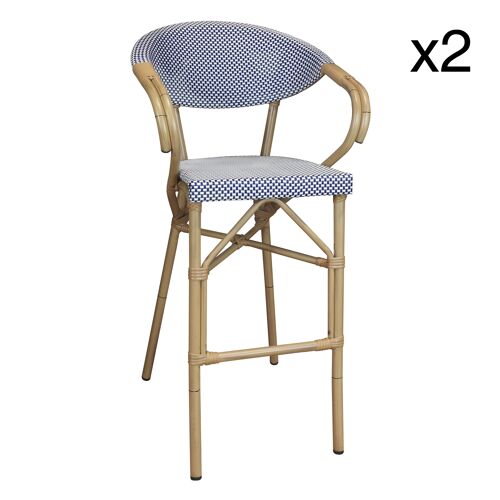 LOT DE 2 FAUTEUILS DE BAR EN TEXTILENE BLEU STRUCTURE ALUMINIUM ASPECT ROTIN AMALFI