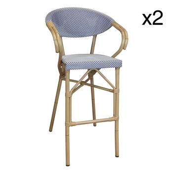 LOT DE 2 FAUTEUILS DE BAR EN TEXTILENE BLEU STRUCTURE ALUMINIUM ASPECT ROTIN AMALFI 1