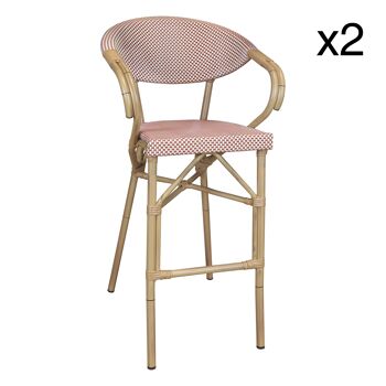 LOT DE 2 FAUTEUILS DE BAR EN TEXTILENE ROUGE STRUCTURE ALUMINIUM ASPECT ROTIN AMALFI 1