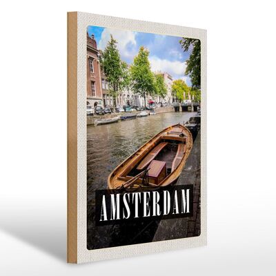 Cartello in legno da viaggio 30x40 cm Amsterdam destinazione viaggio barca Olanda