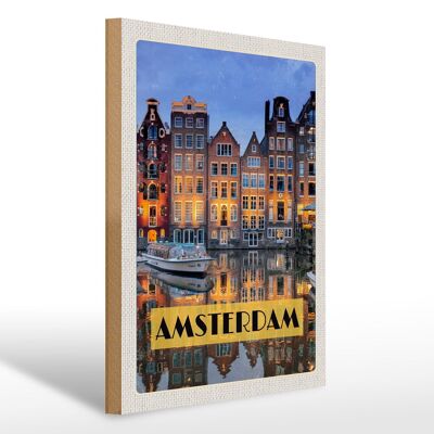 Cartel de madera viaje 30x40cm Amsterdam de noche destino de viaje