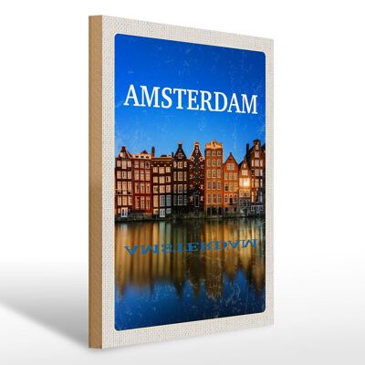 Cartello in legno da viaggio 30x40 cm retro Amsterdam destinazione di viaggio vacanza