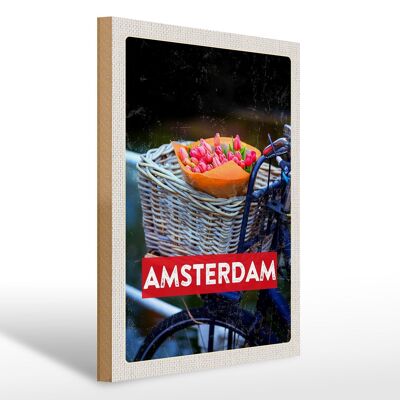 Cartel de madera de viaje 30x40cm Retro Amsterdam Tulips Bicicleta