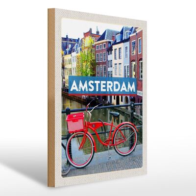 Cartello in legno da viaggio 30x40 cm Amsterdam destinazione di viaggio bicicletta