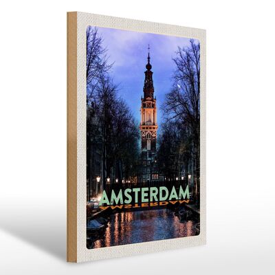 Wooden sign travel 30x40cm Amsterdam destination Munt Tower