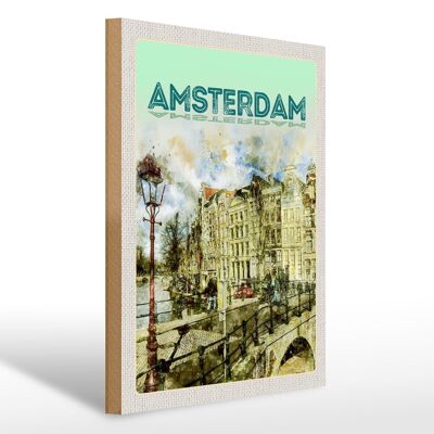 Wooden sign travel 30x40cm vintage art Amsterdam gift