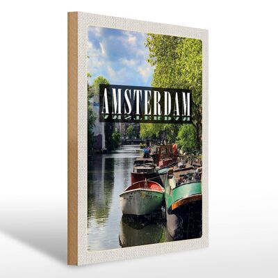 Cartello in legno da viaggio 30x40 cm Amsterdam destinazione viaggio in barca