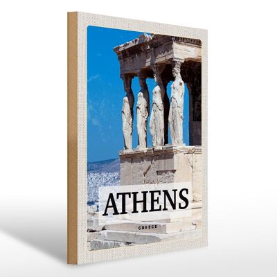 Cartello in legno da viaggio 30x40 cm Retro Atene Grecia Colonne di pietra Donne