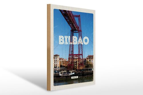 Holzschild Reise 30x40cm Retro Bilbao spain Hafenstadt Berge