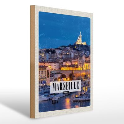 Cartello in legno da viaggio 30x40 cm Retro Marsiglia Francia Panorama notturno