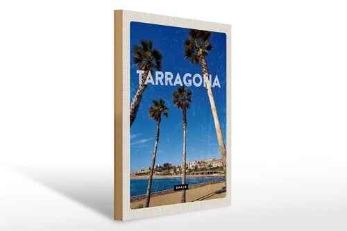 Holzschild Reise 30x40cm Tarragona Spanien Palmen mit Meerblick