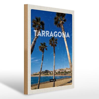 Wooden sign travel 30x40cm Tarragona Spain palm trees with sea view