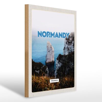 Cartello in legno da viaggio 30x40 cm Normandia Francia rocce bianche mare