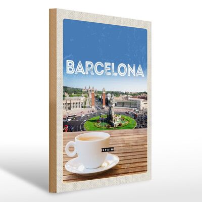 Holzschild Reise 30x40cm Barcelona Spain Panorama Bild Kaffee