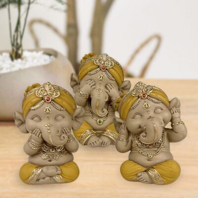 Buddha Statuette – Set of 3 Yellow Ganesh – Zen and Feng Shui Decoration – Spiritual and Relaxed Atmosphere – Decorative Gift Idea