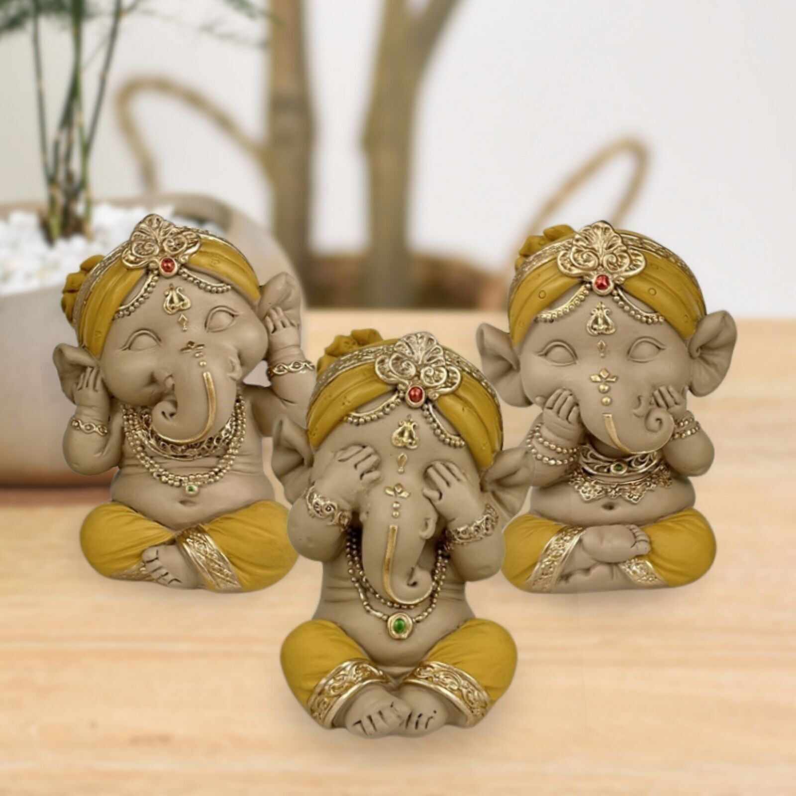Wisdom Ganesh Figurine "See Nothing, Say Nothing, Hear Nothing" - Set of 3 Yellow Ganesh - Zen and Feng Shui Decoration - Decorative Gift Idea