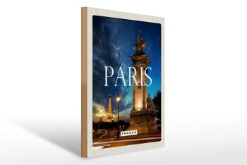Panneau en bois Voyage 30x40cm Paris France Tour Eiffel Nuit Rétro 1