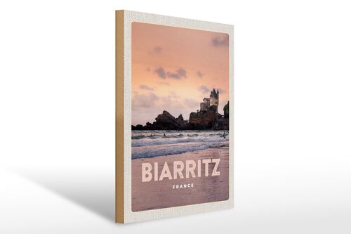 Holzschild Reise 30x40cm Biarritz France Felsenschloss Meer